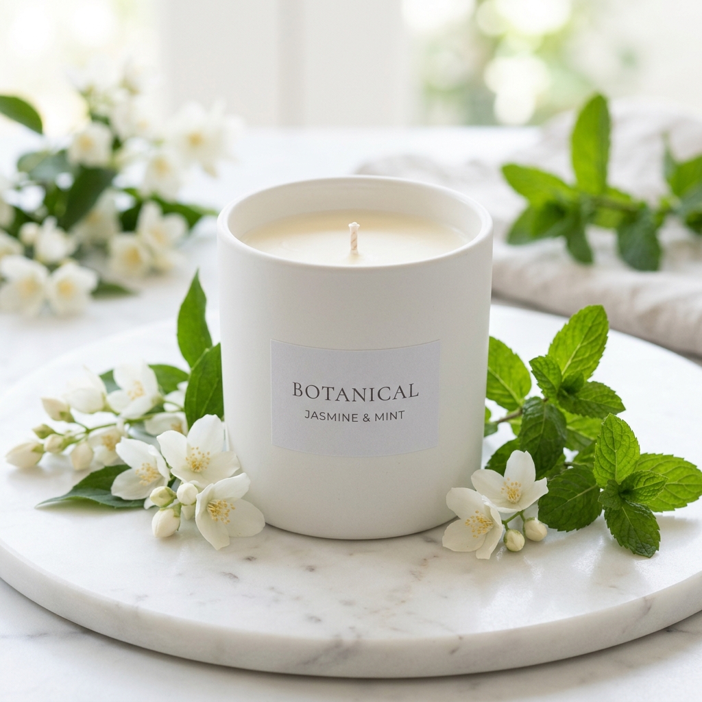 Botanical Jasmine soy candle in white ceramic cup
