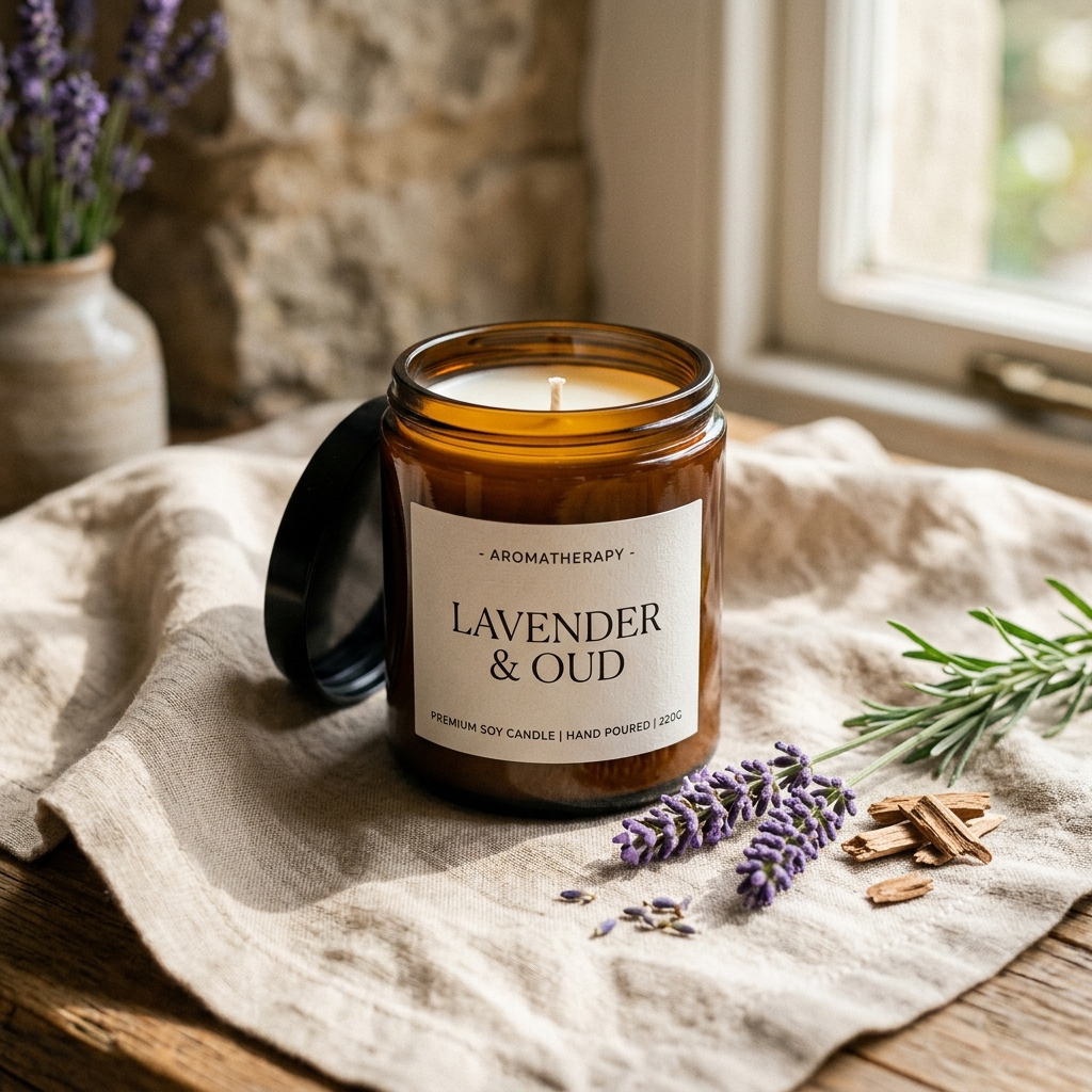 Aromatherapy Lavender soy candle in amber jar